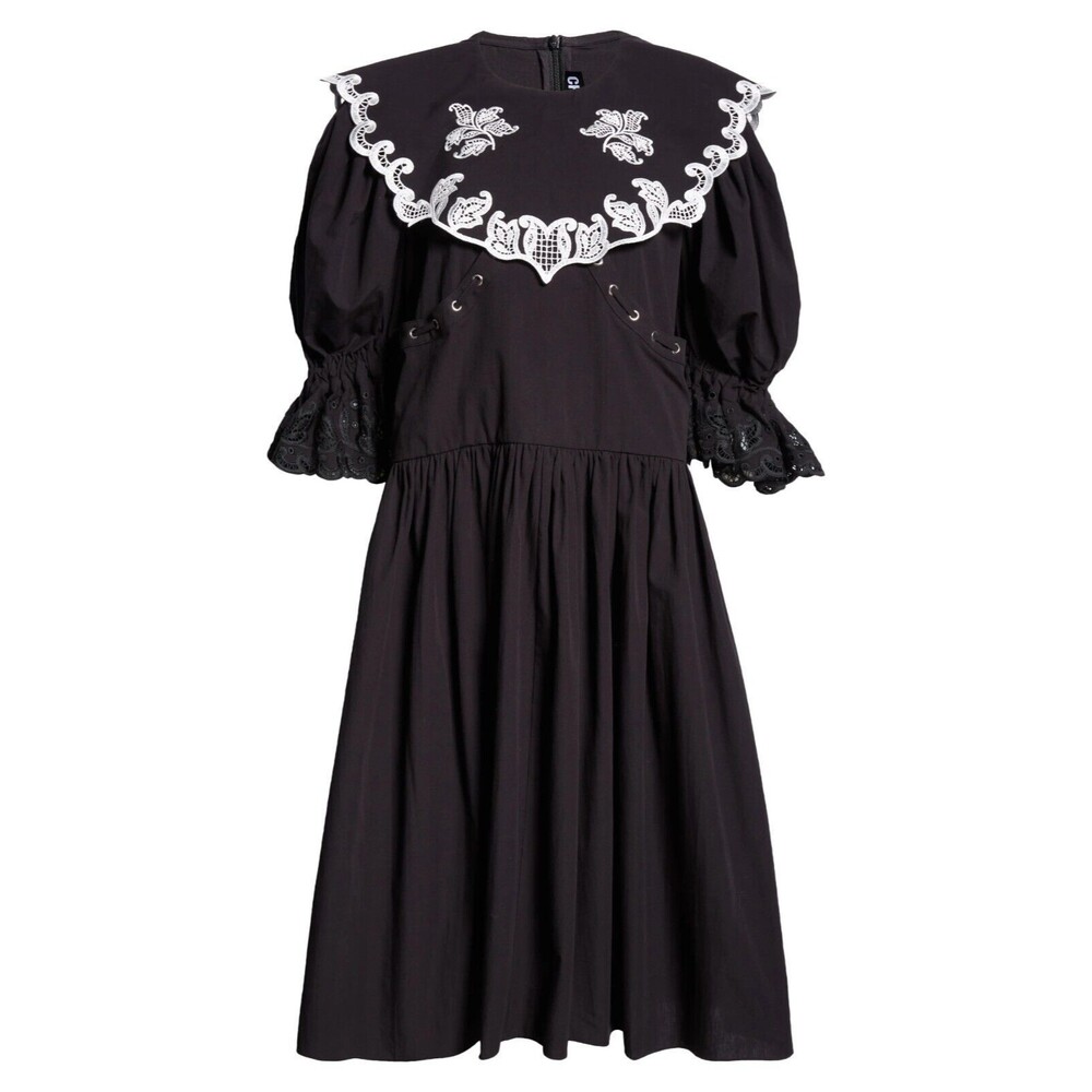 Chopova Lowena Fer Women's Embroidered Cotton Lace Up Midi Dress Black Size L